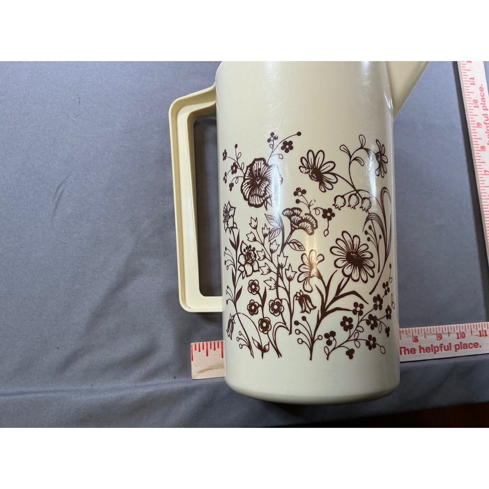 Vintage 1970's Plastic Floral Pitcher Brown Fllower Design + Lid  Retro 70s MCM